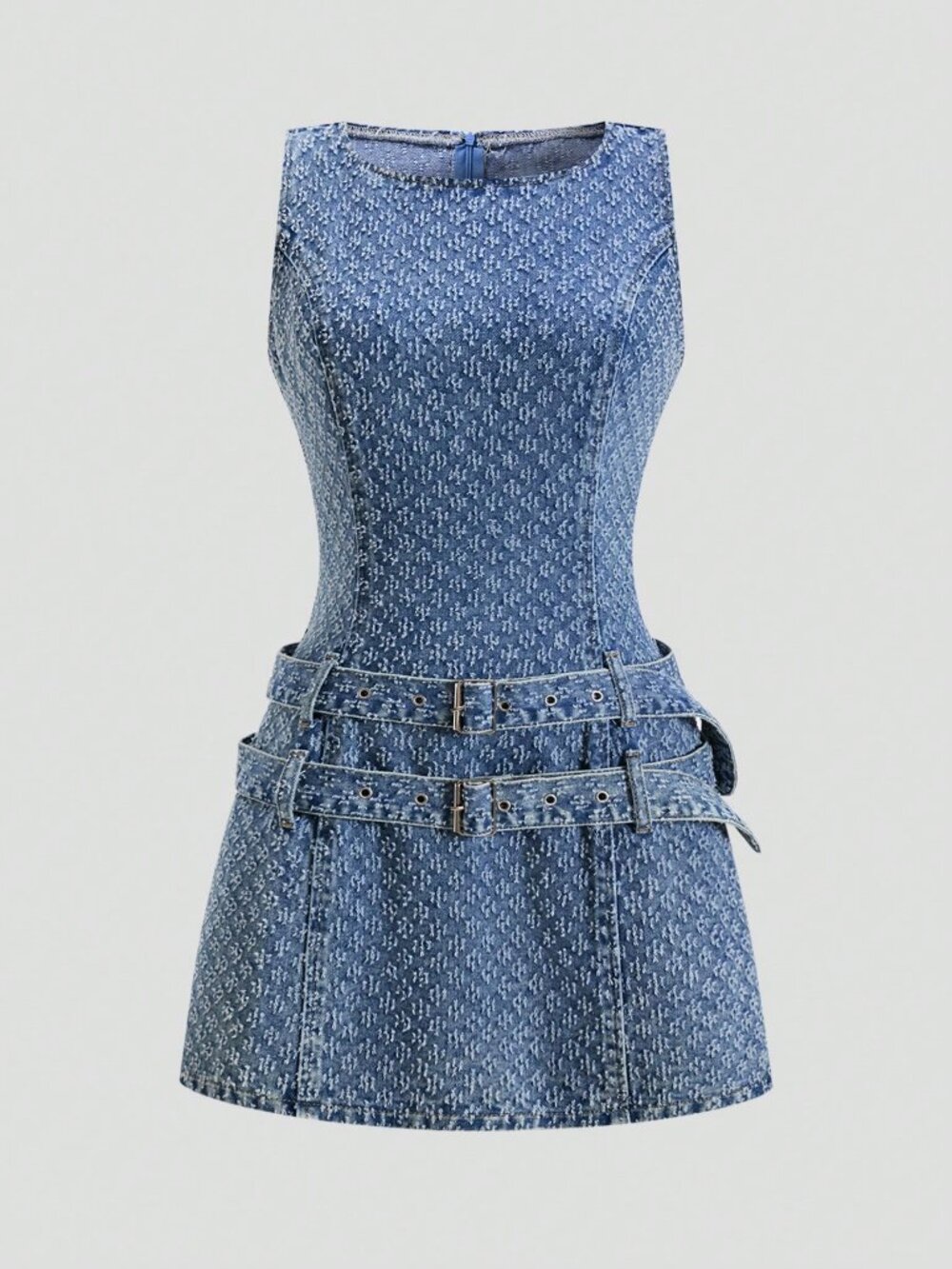 Dark Wash Sleeveless Women's Denim Dress with Waist Buckle - Picture 1 of 5
